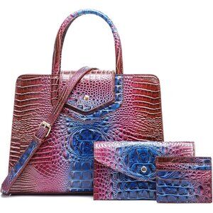 Women's Blue Vegan Leather 3 pcs Set Top Handle Embossed Pattern Satchel Bag